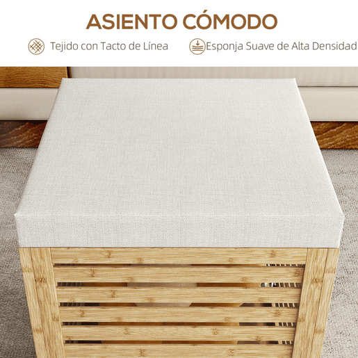 HOMCOM Banco com Armazenamento para Dormitório 57,7L Banco com Arrumação Estofado em Linho Sintético com Estrutura em Bambu para Entrada Sala de Estar 40x40x47 cm Cinza e Madeira