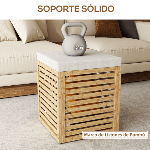 HOMCOM Banco com Armazenamento para Dormitório 57,7L Banco com Arrumação Estofado em Linho Sintético com Estrutura em Bambu para Entrada Sala de Estar 40x40x47 cm Cinza e Madeira