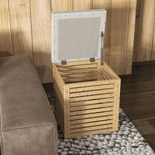 HOMCOM Banco com Armazenamento para Dormitório 57,7L Banco com Arrumação Estofado em Linho Sintético com Estrutura em Bambu para Entrada Sala de Estar 40x40x47 cm Cinza e Madeira