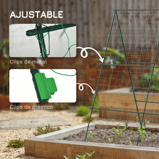 Outsunny Treliça de Jardim Triangular Suporte para Plantas Trepadeiras com Estrutura em Aço para Frutas Legumes Flores e Decoração para Exterior Pátio Varanda 180x100x180 cm Verde