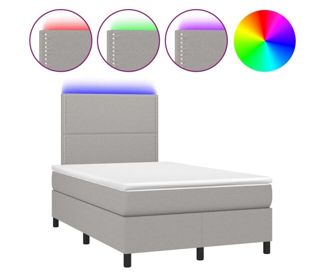Cama box spring con colchón tela y led gris claro 120x200 cm liso con clavos
