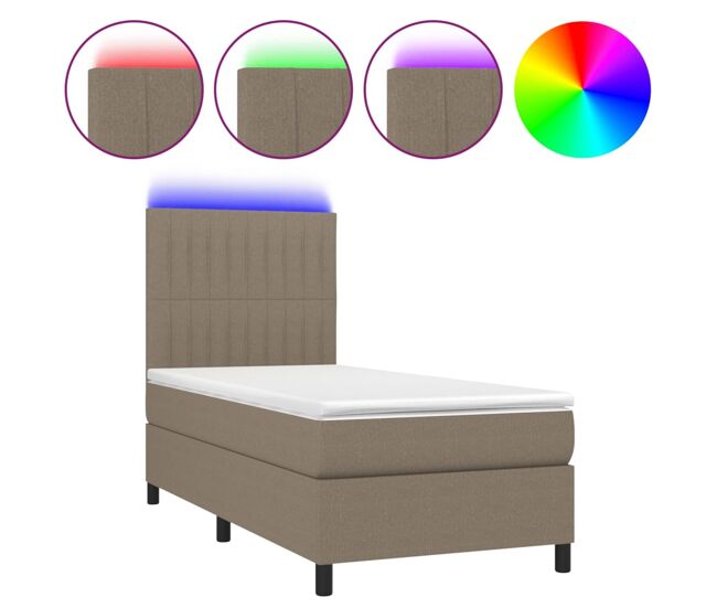 Cama box spring colchón y luces led tela gris taupe 100x200 cm rayas verticales