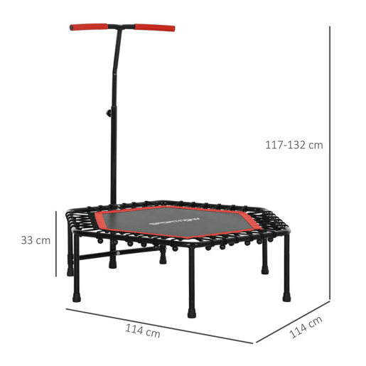 SPORTNOW Trampolim Fitness 114x114x132 cm Trampolim Fitness com Guiador Ajustável em 3 Níveis Estrutura de Aço para Treino de Perna Corpo em Casa Escritório Ginásio Vermelho