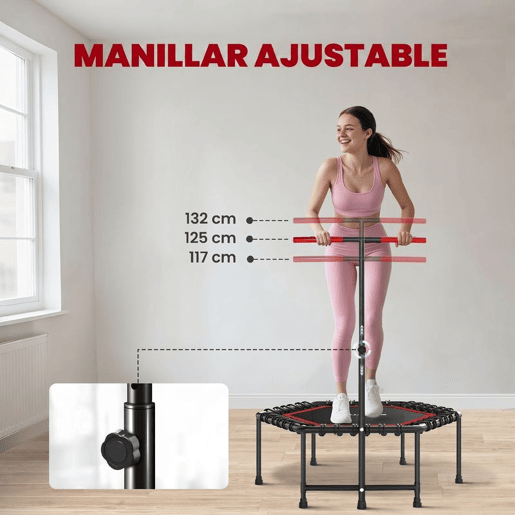 SPORTNOW Trampolim Fitness 114x114x132 cm Trampolim Fitness com Guiador Ajustável em 3 Níveis Estrutura de Aço para Treino de Perna Corpo em Casa Escritório Ginásio Vermelho