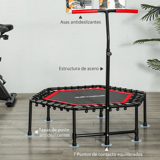 SPORTNOW Trampolim Fitness 114x114x132 cm Trampolim Fitness com Guiador Ajustável em 3 Níveis Estrutura de Aço para Treino de Perna Corpo em Casa Escritório Ginásio Vermelho