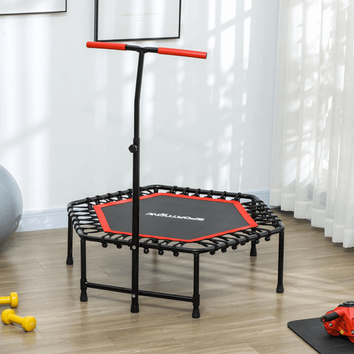 SPORTNOW Trampolim Fitness 114x114x132 cm Trampolim Fitness com Guiador Ajustável em 3 Níveis Estrutura de Aço para Treino de Perna Corpo em Casa Escritório Ginásio Vermelho