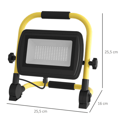 HOMCOM Preojetor LED Recarregável com Cabeças e Suporte Ajustáveis 50W 4250 Lúmenes IP65 6500K Reflector LED Resistente à Intemperie Portátil com Pega para Interior e Exterior Amarelo e Preto