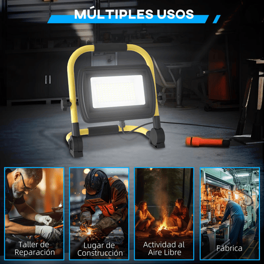 HOMCOM Preojetor LED Recarregável com Cabeças e Suporte Ajustáveis 50W 4250 Lúmenes IP65 6500K Reflector LED Resistente à Intemperie Portátil com Pega para Interior e Exterior Amarelo e Preto