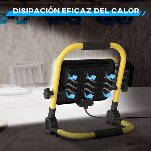 HOMCOM Preojetor LED Recarregável com Cabeças e Suporte Ajustáveis 50W 4250 Lúmenes IP65 6500K Reflector LED Resistente à Intemperie Portátil com Pega para Interior e Exterior Amarelo e Preto