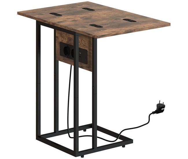 Homcom mesa auxiliar con encimera plegable, estación de carga, mesa auxiliar para sofá, forma de c, con puerto usb y usb-c, para salón, dormitorio, 39x29x57 cm, marrón rústico