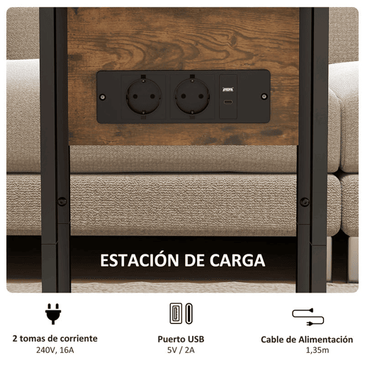 HOMCOM Mesa Auxiliar com Estação de Carga Mesa Auxiliar para Sofá com Tampo Dobrável e Pés Ajustáveis Mesinha Auxiliar para Sala Quarto Madeira Rústica