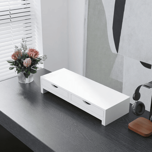 HOMCOM Suporte para Monitor com Ângulo e Comprimento Ajustável Suporte para Monitor com 2 Gavetas para Escritório Suporte para Monitor Portátil 60-116x22x12 cm Branco