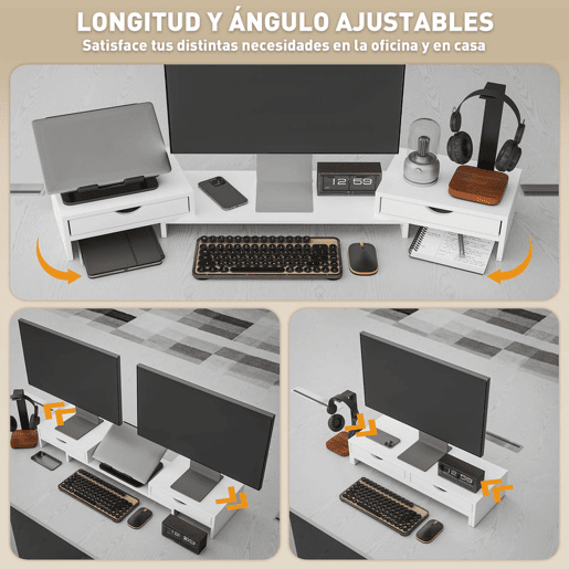 HOMCOM Suporte para Monitor com Ângulo e Comprimento Ajustável Suporte para Monitor com 2 Gavetas para Escritório Suporte para Monitor Portátil 60-116x22x12 cm Branco