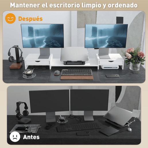 HOMCOM Suporte para Monitor com Ângulo e Comprimento Ajustável Suporte para Monitor com 2 Gavetas para Escritório Suporte para Monitor Portátil 60-116x22x12 cm Branco