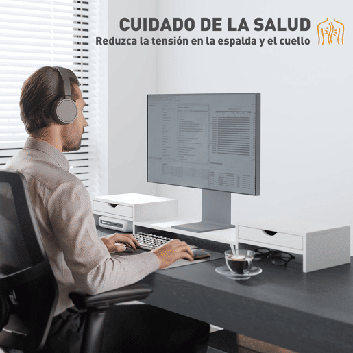 HOMCOM Suporte para Monitor com Ângulo e Comprimento Ajustável Suporte para Monitor com 2 Gavetas para Escritório Suporte para Monitor Portátil 60-116x22x12 cm Branco