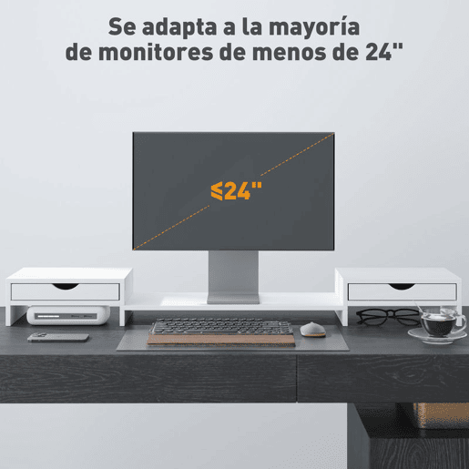 HOMCOM Suporte para Monitor com Ângulo e Comprimento Ajustável Suporte para Monitor com 2 Gavetas para Escritório Suporte para Monitor Portátil 60-116x22x12 cm Branco