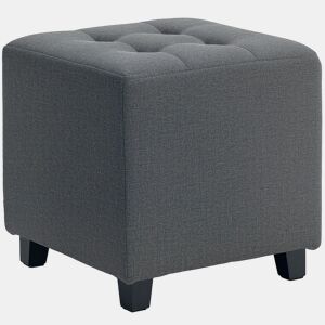 HOMCOM Apoio para os Pés Sala de Estar Banco Estofado em Linho com Bolso Lateral Tampa com Botões Acolchoados e Estrutura de Madeira para Sala de Estar Dormitório 35x35x35 cm Cinzento