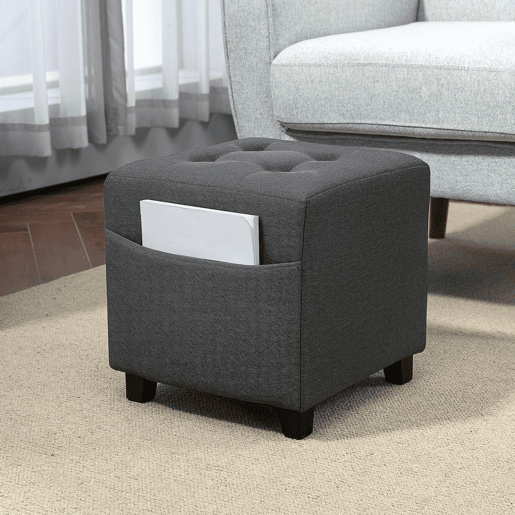 HOMCOM Apoio para os Pés Sala de Estar Banco Estofado em Linho com Bolso Lateral Tampa com Botões Acolchoados e Estrutura de Madeira para Sala de Estar Dormitório 35x35x35 cm Cinzento