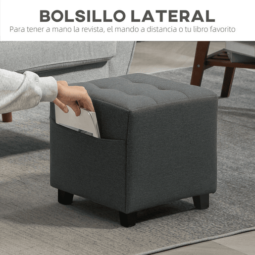 HOMCOM Apoio para os Pés Sala de Estar Banco Estofado em Linho com Bolso Lateral Tampa com Botões Acolchoados e Estrutura de Madeira para Sala de Estar Dormitório 35x35x35 cm Cinzento
