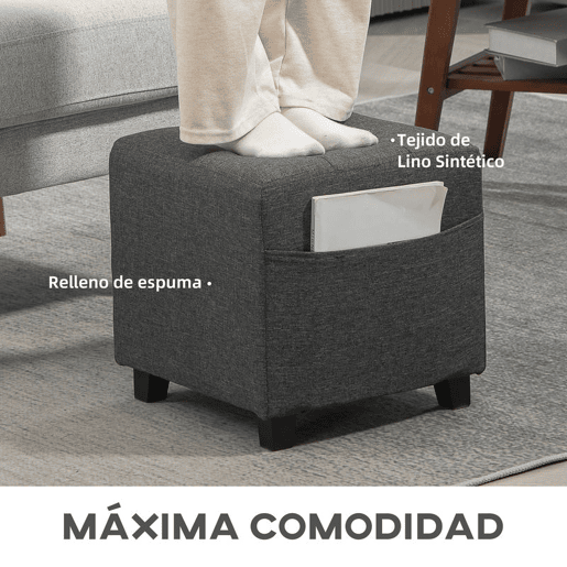 HOMCOM Apoio para os Pés Sala de Estar Banco Estofado em Linho com Bolso Lateral Tampa com Botões Acolchoados e Estrutura de Madeira para Sala de Estar Dormitório 35x35x35 cm Cinzento
