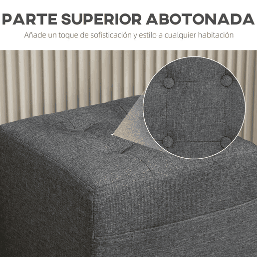 HOMCOM Apoio para os Pés Sala de Estar Banco Estofado em Linho com Bolso Lateral Tampa com Botões Acolchoados e Estrutura de Madeira para Sala de Estar Dormitório 35x35x35 cm Cinzento