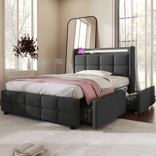 Cama estofada 90x200cm em linho - com LED e portas de carregamento USB - 2 gavetas - Cinzento
