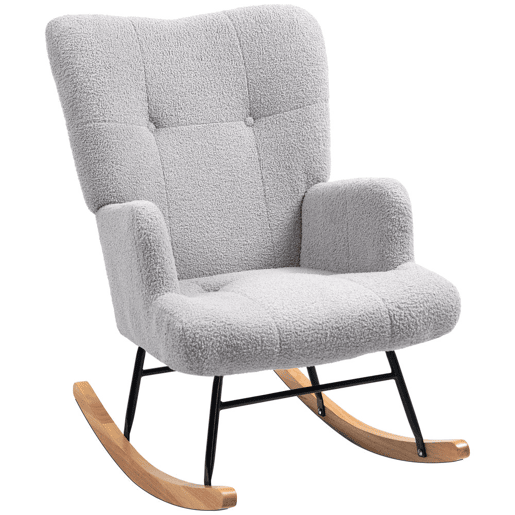 HOMCOM Poltrona Baloiço em Borrego Poltrona para Amamentação com Encosto Capitonê e Base de Madeira de Borracha Carga 120 kg Poltrona para Sala de Estar Dormitório 65x88x87 cm Cinza Claro