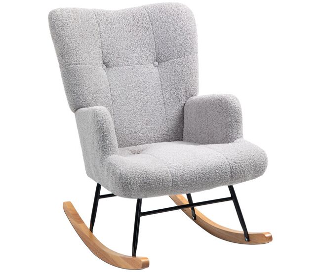 Homcom silla mecedora, mecedora de terciopelo de teddy con respaldo alto, patas de madera de caucho, reposabrazos, estilo moderno, sillón de lactancia, carga 120 kg, para dormitorio, salón, gris claro