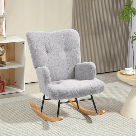 HOMCOM Poltrona Baloiço em Borrego Poltrona para Amamentação com Encosto Capitonê e Base de Madeira de Borracha Carga 120 kg Poltrona para Sala de Estar Dormitório 65x88x87 cm Cinza Claro