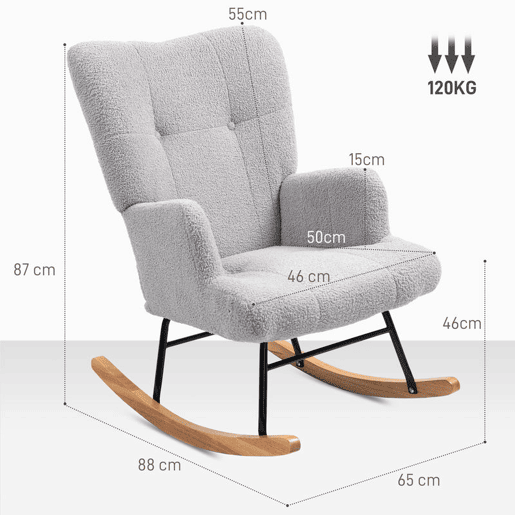 HOMCOM Poltrona Baloiço em Borrego Poltrona para Amamentação com Encosto Capitonê e Base de Madeira de Borracha Carga 120 kg Poltrona para Sala de Estar Dormitório 65x88x87 cm Cinza Claro