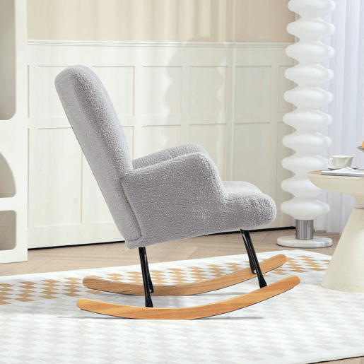 HOMCOM Poltrona Baloiço em Borrego Poltrona para Amamentação com Encosto Capitonê e Base de Madeira de Borracha Carga 120 kg Poltrona para Sala de Estar Dormitório 65x88x87 cm Cinza Claro