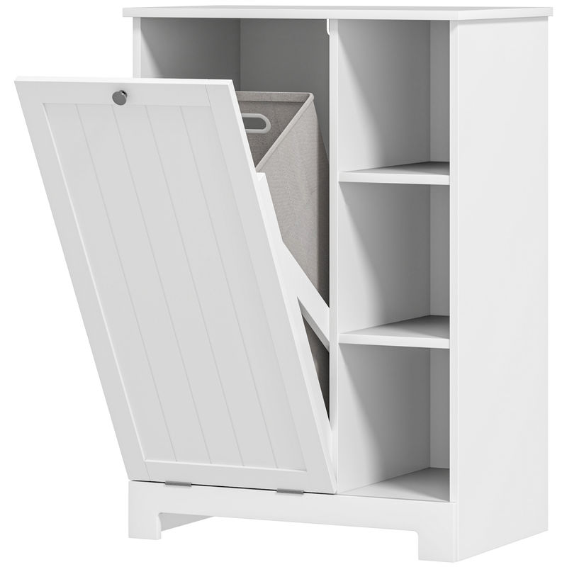 Homcom armario de baño con cesto ropa sucia mueble de baño con puerta abatible estantes abiertos y cesta extraíble 60x38x86 cm blanco