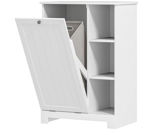 Homcom armario de baño con cesto ropa sucia mueble de baño con puerta abatible estantes abiertos y cesta extraíble 60x38x86 cm blanco