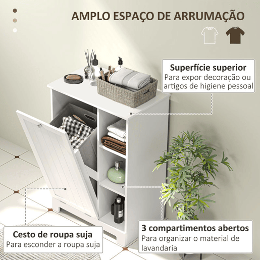 HOMCOM Móvel Casa de Banho com Cesto para Roupa Móvel Auxiliar Casa de Banho com Prateleiras Abertas e Cesta Amovível 60x38x86 cm Branco HOMCOM Móvel Casa de Banho com Cesto para Roupa Móvel Auxiliar Casa de Banho com Prateleiras Abertas e Cesta Amovível 60x38x86 cm Branco