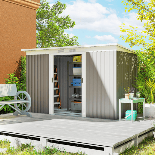 Outsunny Abrigo de Jardim 280x130x172 cm Abrigo de Exterior de Aço Galvanizado com Porta Corredeira e Ventilações para Armazenamento de Ferramentas Cinza
