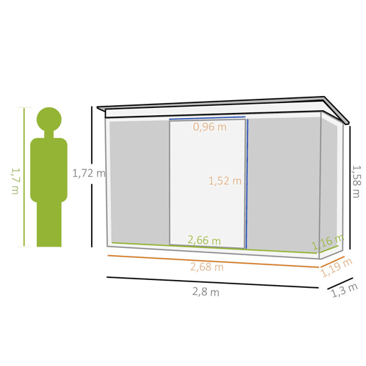 Outsunny Abrigo de Jardim 280x130x172 cm Abrigo de Exterior de Aço Galvanizado com Porta Corredeira e Ventilações para Armazenamento de Ferramentas Cinza