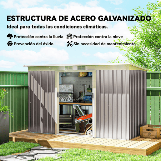 Outsunny Abrigo de Jardim 280x130x172 cm Abrigo de Exterior de Aço Galvanizado com Porta Corredeira e Ventilações para Armazenamento de Ferramentas Cinza