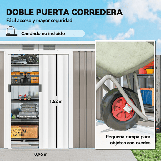 Outsunny Abrigo de Jardim 280x130x172 cm Abrigo de Exterior de Aço Galvanizado com Porta Corredeira e Ventilações para Armazenamento de Ferramentas Cinza