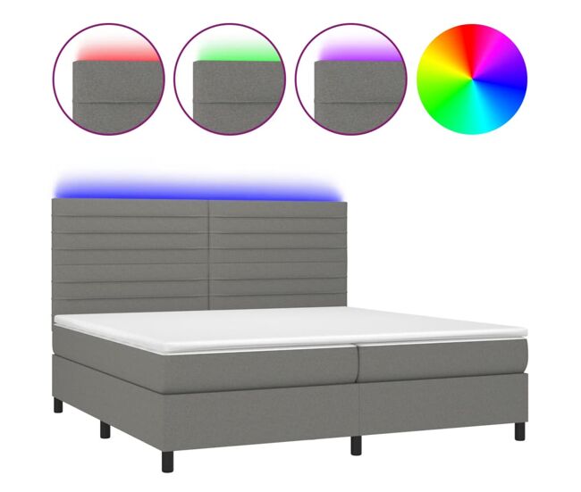 Cama box spring colchón y luces led tela gris claro 200x200 cm rayas horizontales