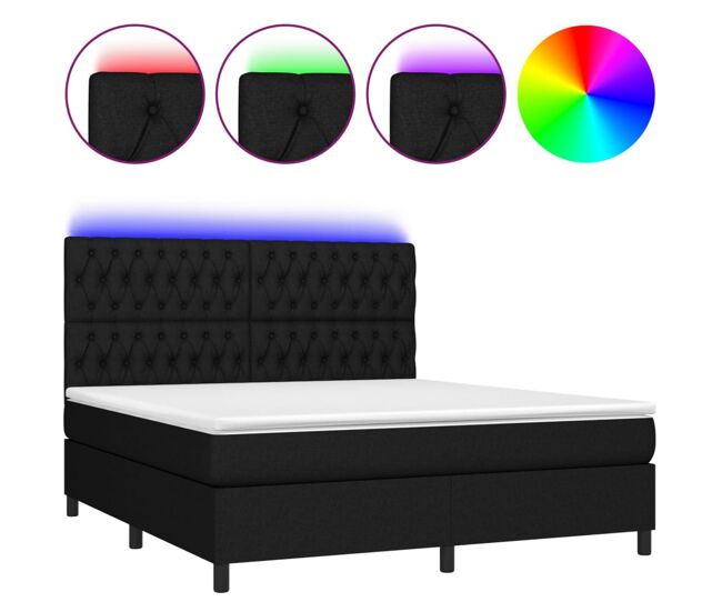 Cama box spring colchón y luces led tela negro 180x200 cm diseño de botones