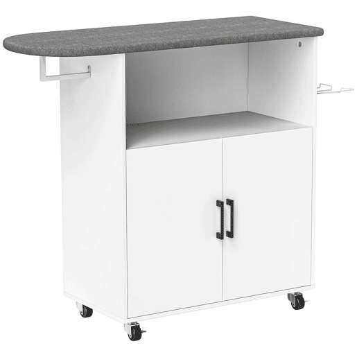 HOMCOM Móvel de Engomar a Ferro com Rodas Móvel de Passar a Ferro com Barra para Pendurar Roupa Estante Aberto e Tábua de Passar 125x43,5x102,5 cm Branco