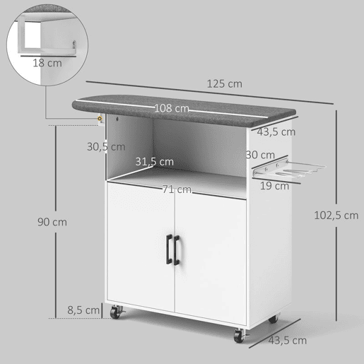 HOMCOM Móvel de Engomar a Ferro com Rodas Móvel de Passar a Ferro com Barra para Pendurar Roupa Estante Aberto e Tábua de Passar 125x43,5x102,5 cm Branco