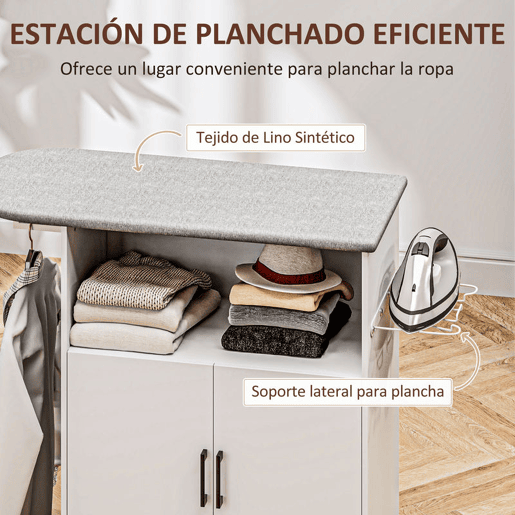 HOMCOM Móvel de Engomar a Ferro com Rodas Móvel de Passar a Ferro com Barra para Pendurar Roupa Estante Aberto e Tábua de Passar 125x43,5x102,5 cm Branco