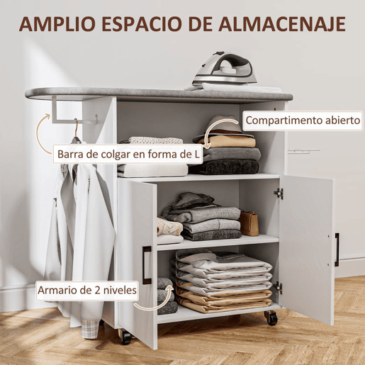 HOMCOM Móvel de Engomar a Ferro com Rodas Móvel de Passar a Ferro com Barra para Pendurar Roupa Estante Aberto e Tábua de Passar 125x43,5x102,5 cm Branco