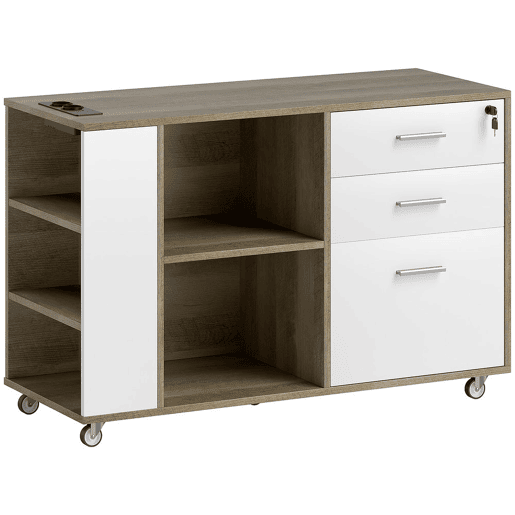 HOMCOM Armário Arquivador de Escritório com Rodas Móvel para Arquivos com 3 Gavetas Estação de Carga Fechadura e Prateleiras 100x40x65,5 cm Marrom Acinzentado