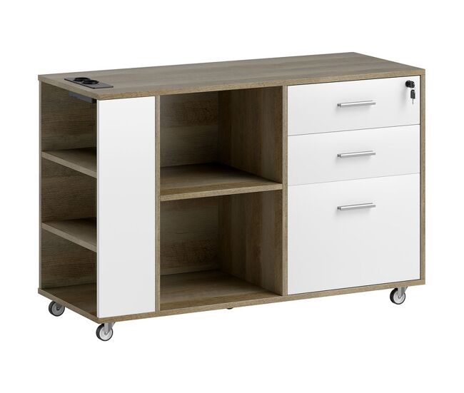 Homcom cajonera de oficina con estación de carga, mueble archivador con ruedas, 3 cajones, barra colgante, cajonera para escritorio con cerradura,