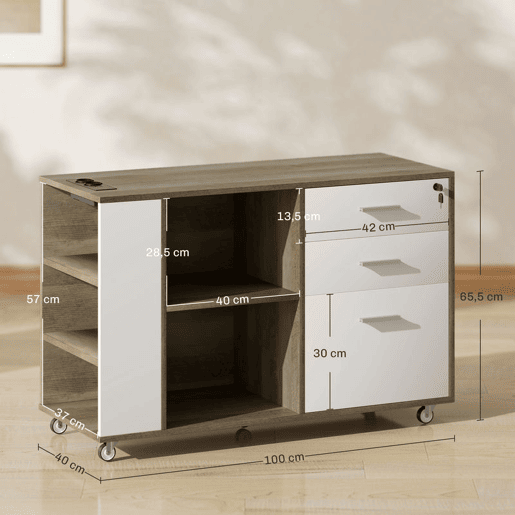 HOMCOM Armário Arquivador de Escritório com Rodas Móvel para Arquivos com 3 Gavetas Estação de Carga Fechadura e Prateleiras 100x40x65,5 cm Marrom Acinzentado