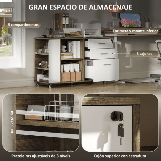 HOMCOM Armário Arquivador de Escritório com Rodas Móvel para Arquivos com 3 Gavetas Estação de Carga Fechadura e Prateleiras 100x40x65,5 cm Marrom Acinzentado