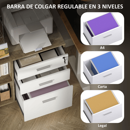 HOMCOM Armário Arquivador de Escritório com Rodas Móvel para Arquivos com 3 Gavetas Estação de Carga Fechadura e Prateleiras 100x40x65,5 cm Marrom Acinzentado