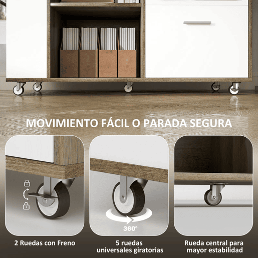 HOMCOM Armário Arquivador de Escritório com Rodas Móvel para Arquivos com 3 Gavetas Estação de Carga Fechadura e Prateleiras 100x40x65,5 cm Marrom Acinzentado
